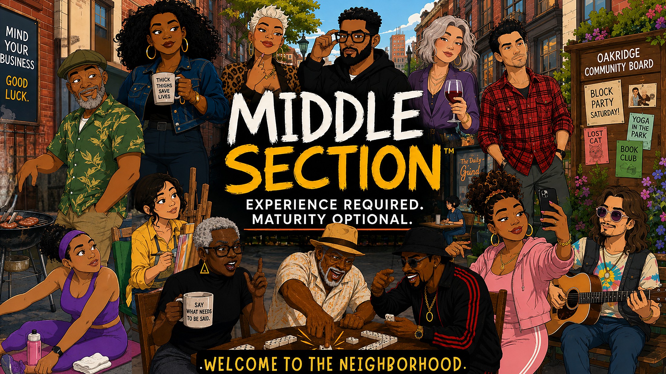 Middle Section key art — an Oakridge block party with the full neighborhood cast